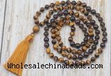 GMN6358 Knotted 8mm, 10mm yellow tiger eye, garnet & smoky quartz 108 beads mala necklace with tassel