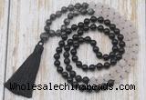 GMN6367 Knotted 8mm, 10mm black labradorite, matte rose quartz  & black agate 108 beads mala necklace with tassel