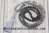 GMN6370 Knotted 8mm, 10mm black lava, black labradorite & cloudy quartz 108 beads mala necklace with tassel