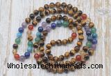 GMN6423 Hand-knotted 7 Chakra 8mm, 10mm yellow tiger eye 108 beads mala necklaces