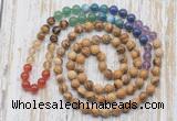 GMN6425 Hand-knotted 7 Chakra 8mm, 10mm picture jasper 108 beads mala necklaces