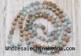 GMN6444 Hand-knotted 8mm, 10mm matte amazonite & picture jasper 108 beads mala necklaces