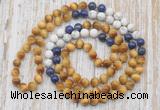 GMN6457 Knotted 8mm, 10mm golden tiger eye, lapis lazuli & matte white howlite 108 beads mala necklaces