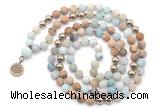 GMN6490 Knotted 8mm, 10mm matte amazonite & picture jasper 108 beads mala necklace with charm