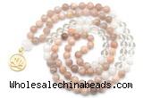 GMN6500 Knotted 8mm, 10mm sunstone, white crystal & white jade 108 beads mala necklace with charm