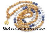 GMN6503 Knotted 8mm, 10mm golden tiger eye, lapis lazuli & matte white howlite 108 beads mala necklace with charm