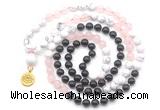 GMN6508 Knotted 8mm, 10mm black agate, rose quartz & white howlite 108 beads mala necklace with charm