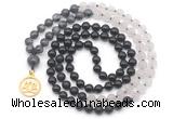 GMN6514 Knotted 8mm, 10mm black labradorite, matte rose quartz  & black agate 108 beads mala necklace with charm