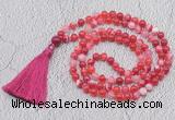 GMN674 Hand-knotted 8mm, 10mm red banded agate 108 beads mala necklaces with tassel