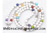 GMN7072 7 Chakra 8mm white howlite 108 mala beads wrap bracelet necklaces