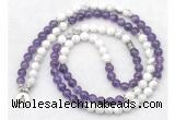 GMN7080 Chakra 8mm white howlite & amethyst 108 mala beads wrap bracelet necklaces