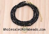 GMN7546 4mm faceted round tiny black tourmaline beaded necklace with letter charm