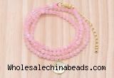 GMN7556 4mm faceted round tiny rose quartz beaded necklace with letter charm