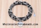 GMN7567 4mm faceted round black rutilated quartz beaded necklace with letter charm