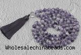 GMN764 Hand-knotted 8mm, 10mm dogtooth amethyst 108 beads mala necklaces with tassel