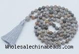 GMN797 Hand-knotted 8mm, 10mm silver needle agate 108 beads mala necklace with tassel