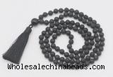 GMN806 Hand-knotted 8mm, 10mm black lava 108 beads mala necklace with tassel