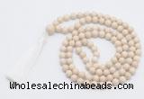 GMN815 Hand-knotted 8mm, 10mm white fossil jasper 108 beads mala necklace with tassel