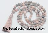 GMN816 Hand-knotted 8mm, 10mm pink zebra jasper 108 beads mala necklace with tassel