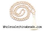 GMN8414 8mm, 10mm white fossil jasper 27, 54, 108 beads mala necklace with tassel