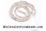 GMN8444 8mm, 10mm matte white crazy agate 27, 54, 108 beads mala necklace with tassel