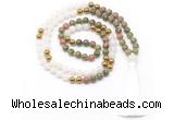 GMN8553 8mm, 10mm unakite, white jade & hematite 108 beads mala necklace with tassel