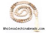 GMN8555 8mm, 10mm white fossil jasper, picture jasper & hematite 108 beads mala necklace with tassel