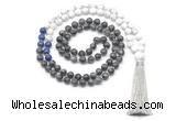 GMN8562 8mm, 10mm black labradorite, lapis lazuli & matte white howlite 108 beads mala necklace with tassel