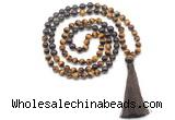 GMN8589 8mm, 10mm yellow tiger eye, smoky quartz & garnet 108 beads mala necklace with tassel