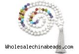 GMN8603 Hand-knotted 7 Chakra 8mm, 10mm white howlite 108 beads mala necklace with tassel