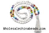 GMN8604 Hand-knotted 7 Chakra 8mm, 10mm white howlite 108 beads mala necklace with tassel