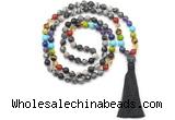 GMN8624 Hand-knotted 7 Chakra 8mm, 10mm black water jasper 108 beads mala necklace with tassel