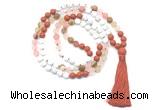 GMN8628 8mm, 10mm matte white howlite, red jasper & cherry quartz 108 beads mala necklace with tassel