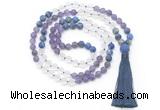 GMN8629 8mm, 10mm matte amethyst, white crystal & lapis lazuli 108 beads mala necklace with tassel