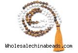 GMN8634 8mm, 10mm white howlite & yellow tiger eye 108 beads mala necklace with tassel