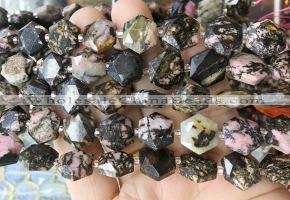 HABS12 15 inches 12mm faceted hexagon black veined rhodonite beads wholesale