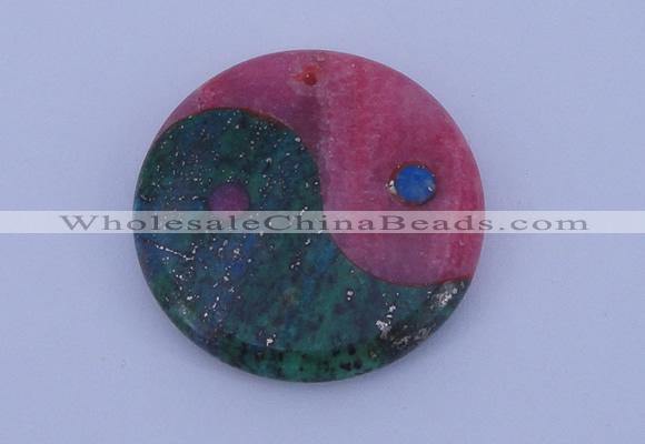 NGP208 6*40mm coin dyed rhodochrosite & chrysocolla gemstone pendant