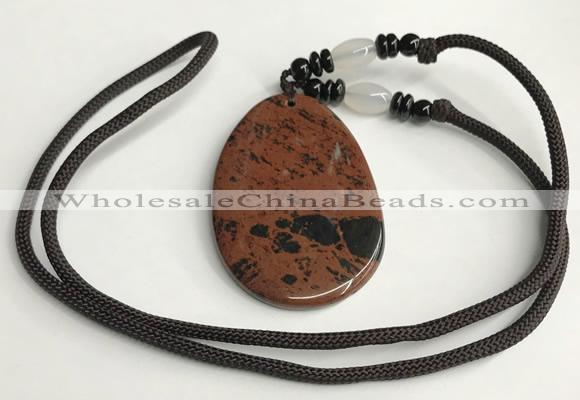 NGP5618 Mahogany obsidian flat teardrop pendant with nylon cord necklace