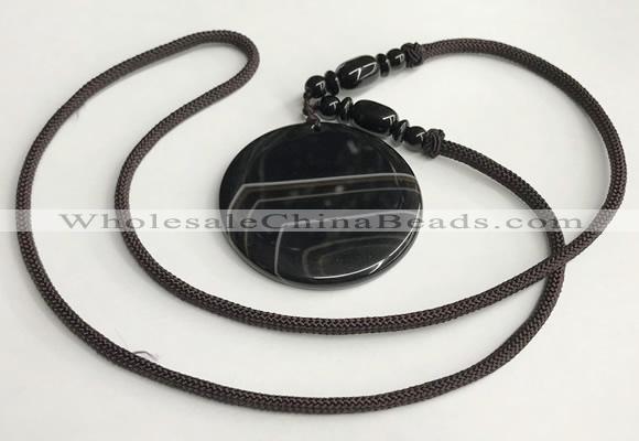 NGP5676 Agate flat round pendant with nylon cord necklace